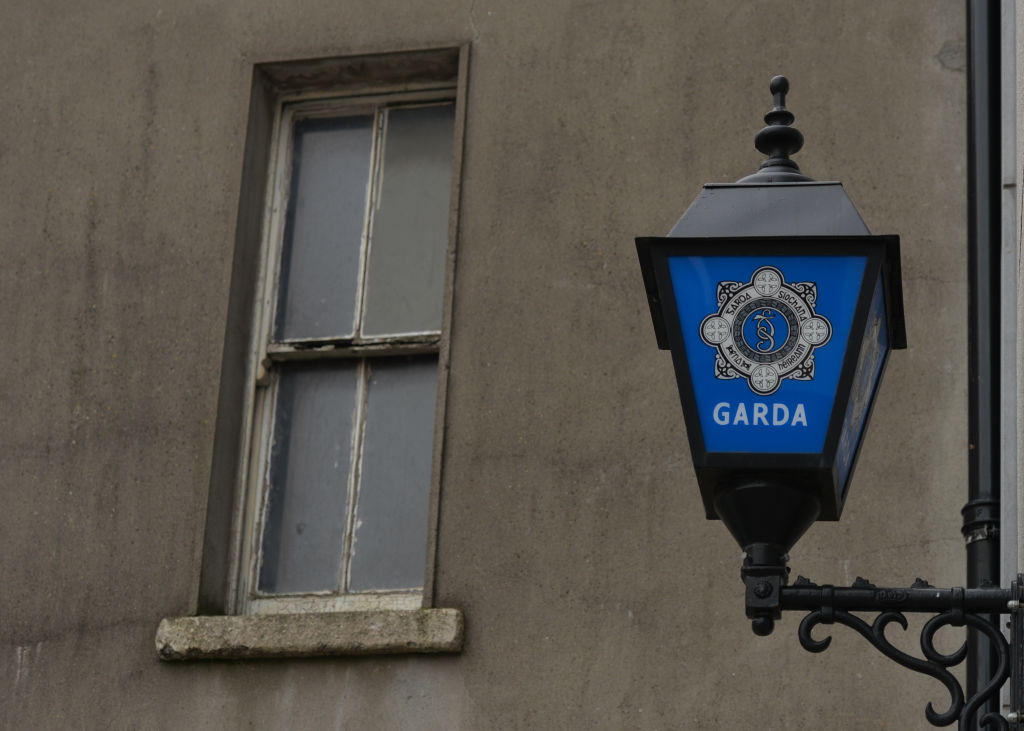 A Garda Lamp with a Garda Siochana logo is seen outside a police station in Dublin, Ireland.