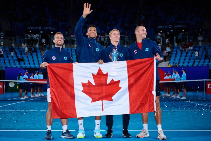 SYDNEY, AUSTRALIA - JANUARY 09: Team Canada poses for a photo with the championship trophy after victory during day nine of the 2022 ATP Cup at Ken Rosewall Arena on January 09, 2022 in Sydney, Australia. 