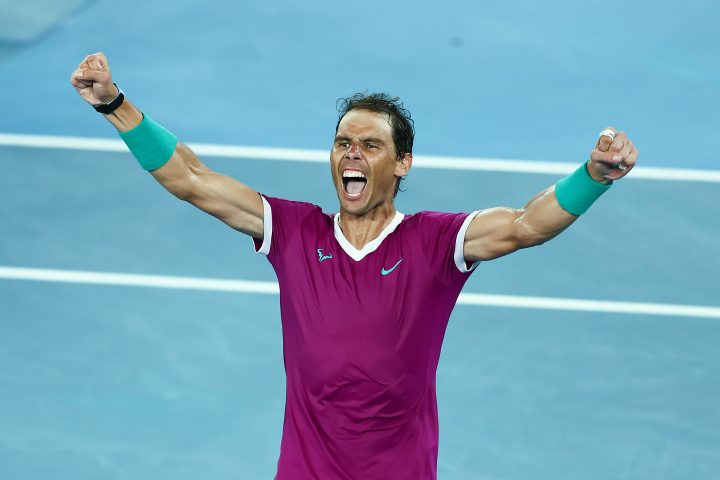 MELBOURNE, AUSTRALIA - JANUARY 30: Rafael Nadal of Spain celebrates match point in his Men’s Singles Final match against Daniil Medvedev of Russia during day 14 of the 2022 Australian Open at Melbourne Park on January 30, 2022 in Melbourne, Australia. 