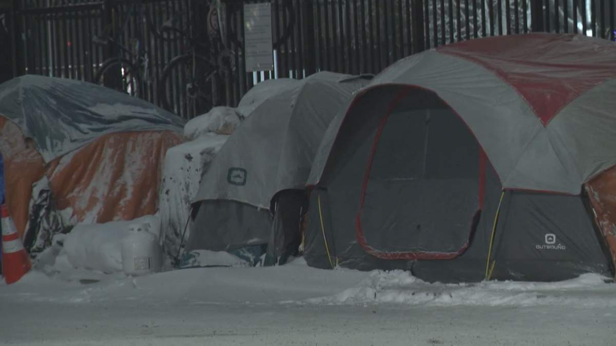 Homeless tents outside of the Drop-In Centre in Calgary on January 6, 2022. City administration is recommending Calgary city council to seek joint funding with the province for this year's extreme weather response for those experiencing homelessness.