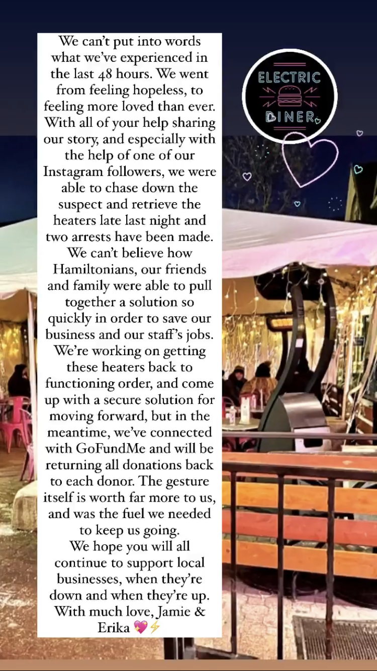 Excerpt from Electric Diner's Instagram story, sharing the good news about the heaters for their outdoor patio.