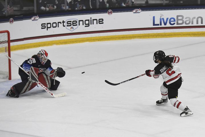 Canada’s Rebecca Johnston (6) shoots the puck against United States’ Nicole Hensley (29) during the first period of a women’s exhibition hockey game ahead of the Beijing Olympics, Friday, Dec. 17, 2021, in Maryland Heights, Mo.