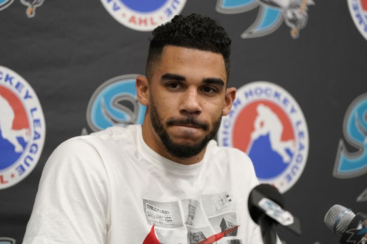 FILE – Evander Kane speaks at a news conference after a hockey practice in San Jose, Calif., on Nov. 30, 2021. The Sharks have placed Kane on unconditional waivers on Saturday, Jan. 8, 2022, with the intent to terminate the remainder of his $49 million, seven-year contract.