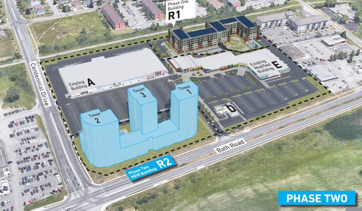 The second phase of the mall’s planned redevelopment involves three 20-storey apartment buildings located near Bath Road and Centennial Drive with a total of 671 units.