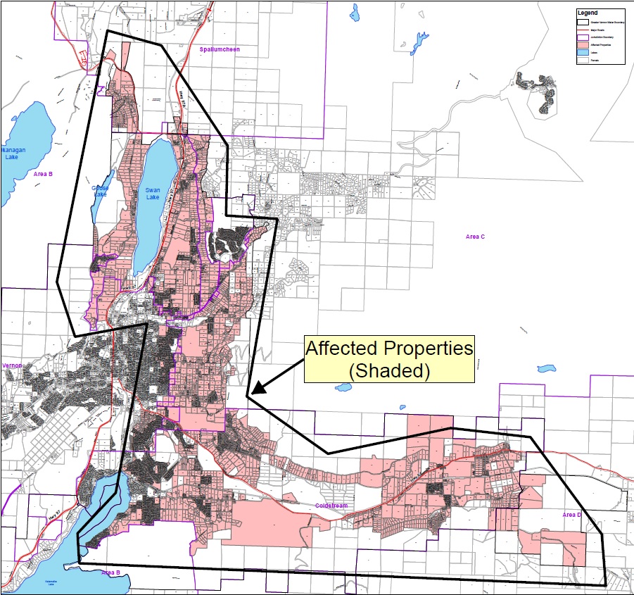 A map of which Greater Vernon Water properties are impacted by the water quality advisory.