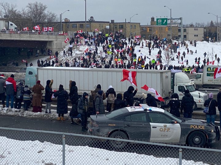 “Freedom convoy” demonstrators at Highway 401 and Keele Street on Thursday.