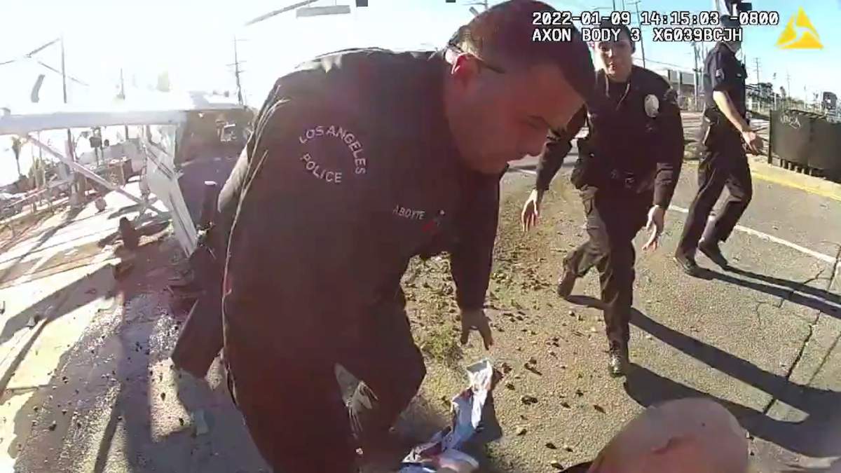 a still from bodycam footage shows the pilot being removed from the plane