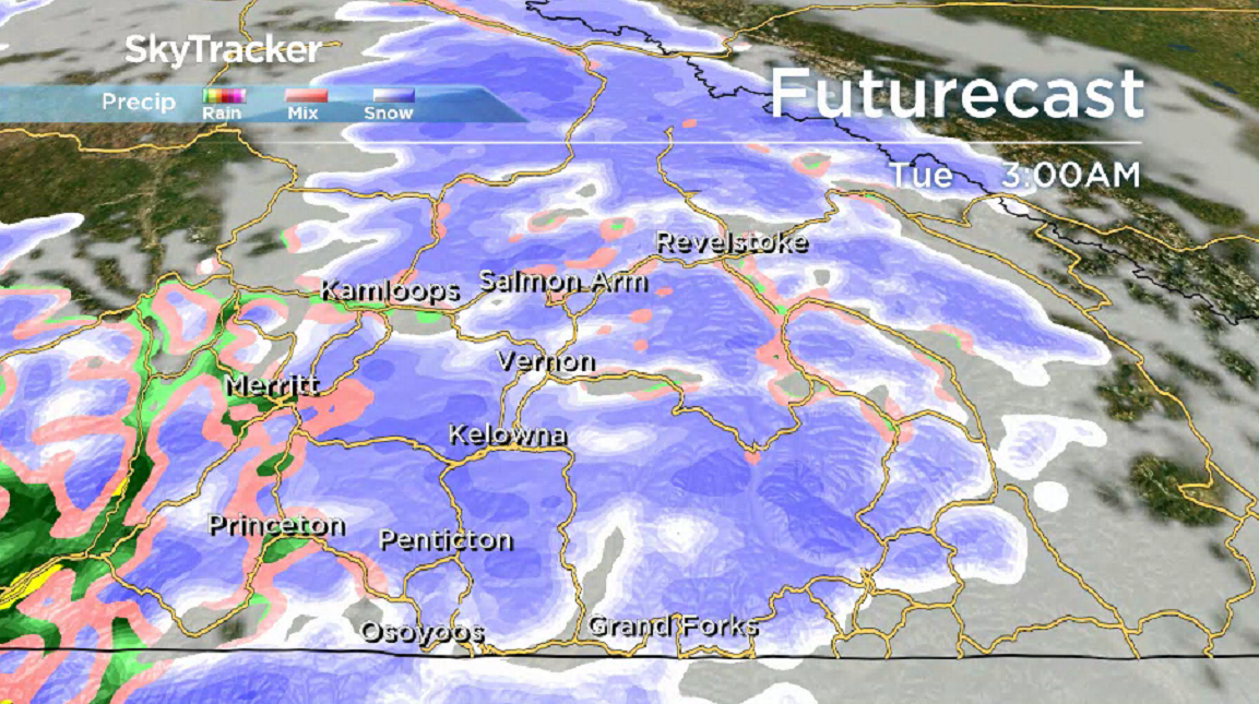 More snow slides into the Okanagan Monday night into Tuesday morning.