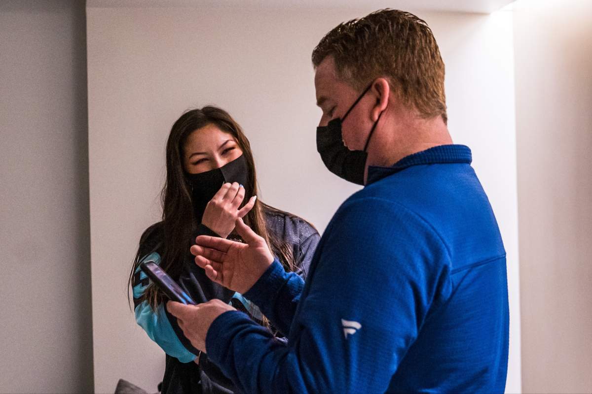 Nadia Popovici meeting Brian ‘Red’ Hamilton before the Kraken faced the Canucks in Seattle Sat. Jan. 1.