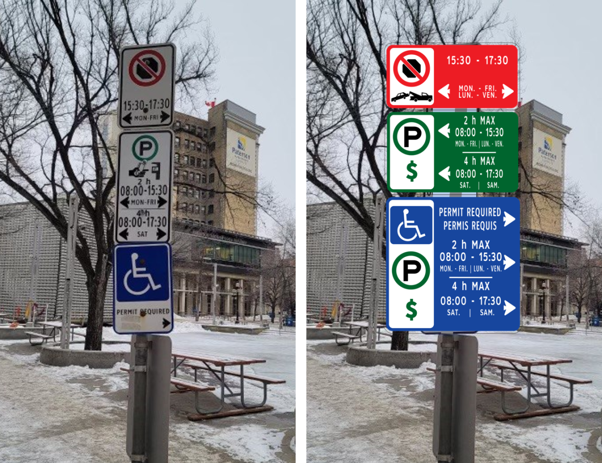Left: Existing signs. Right: New signs.