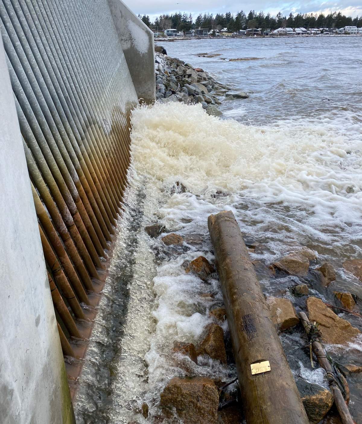 A broken power pole that was swept away by record-breaking floods on Nov. 14 and 15, 2021, has been found in Boundary Bay, hundreds of kilometres away from where it was stationed.