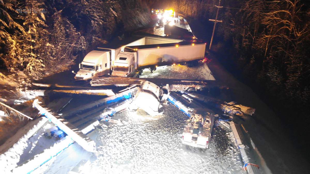 One person was killed and six people were transported to hospital after a crash on Highway 1 on Saturday evening. RCMP released this drone image of the scene. 