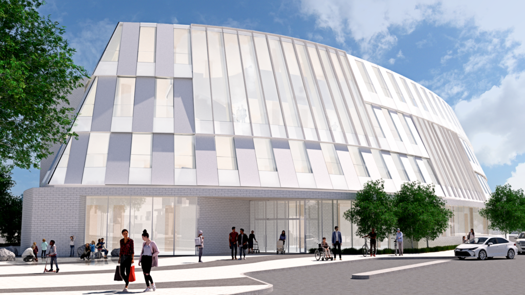 A rendering of the proposed exterior of a new central library in downtown Saskatoon.
