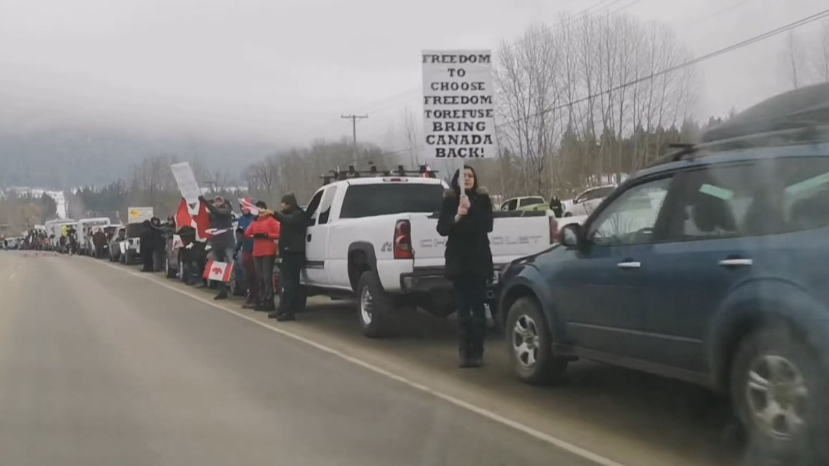Protesters gathering to support truckers against vaccine mandates.