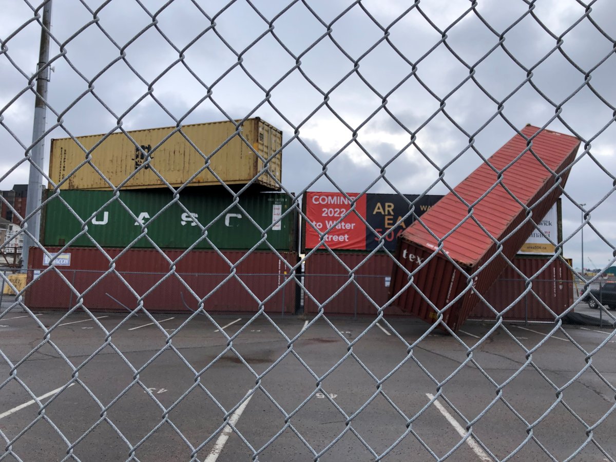 Shipping containers dislodged from their stacks at Long Wharf in Saint John, N.B. Officials at Port Saint John said high winds caused the incident.