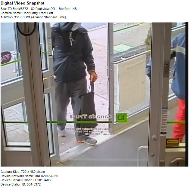 Video surveillance images show the two suspects involved in a robbery outside the TD bank at Peakview Way in Bedford, N.S. on Jan. 1, 2022.