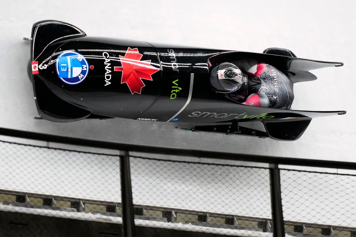 Justin Kripps and Cam Stones of Canada, seen here in October 2021 during testing in Beijing, placed second in World Cup two-man bobsled action in Switzerland on Saturday.
