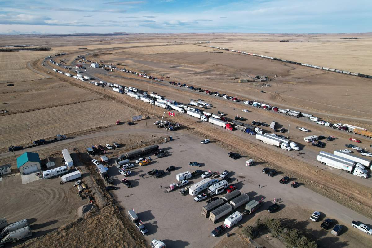 Aerial shot of protestors at the Coutts border crossing Jan. 30, 2022.