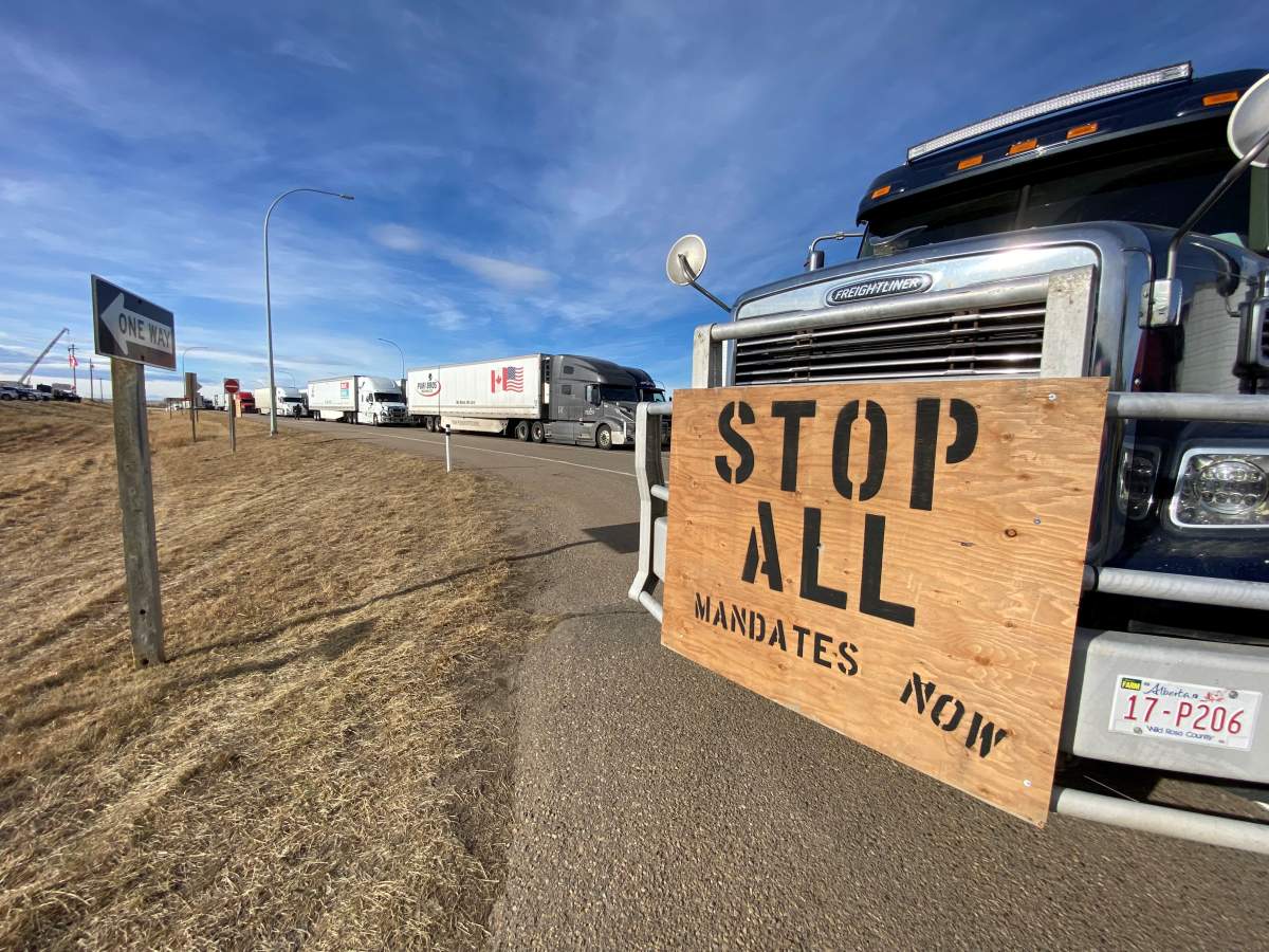 A truck parked near the Coutts border crossing as part of a protest against COVID-19 restrictions Jan. 30, 2022.
