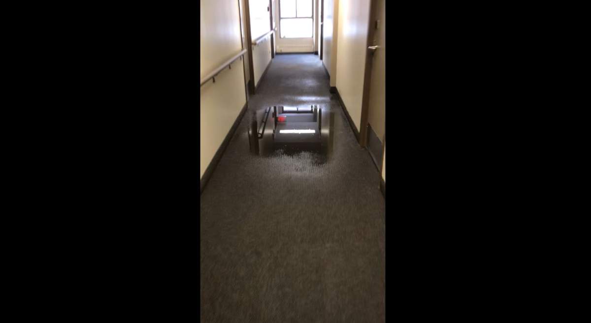 A shot of water that seeped down to the third floor of the building. The majority of flooding happened on the fourth floor.