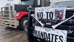 A group of Alberta trucks joined a group from B.C. headed to Ottawa in protest of the federal government's COVID-19 vaccine mandate for cross-border truckers. Sunday, Jan. 23, 2022.
