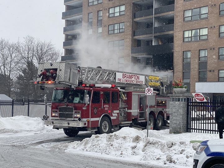 Brampton firefighters respond to a blaze at a building on Lisa Street Monday afternoon.