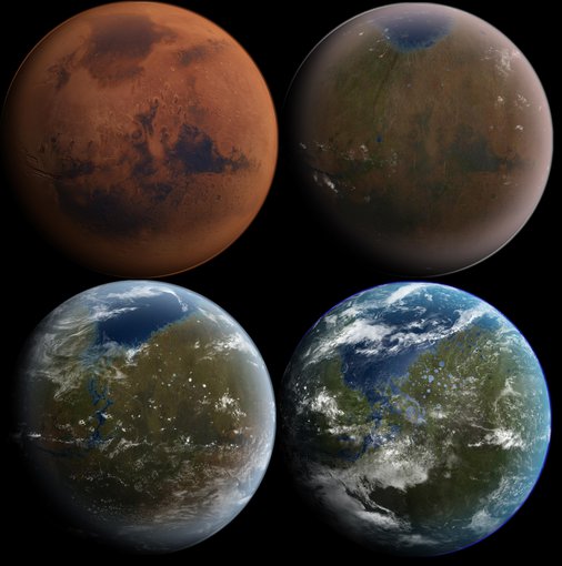 An artist rendering of what Mars might look like over time if efforts were made to give it an artificial magnetic field to then enrich its atmosphere and made it more hospitable to human explorers and scientists.