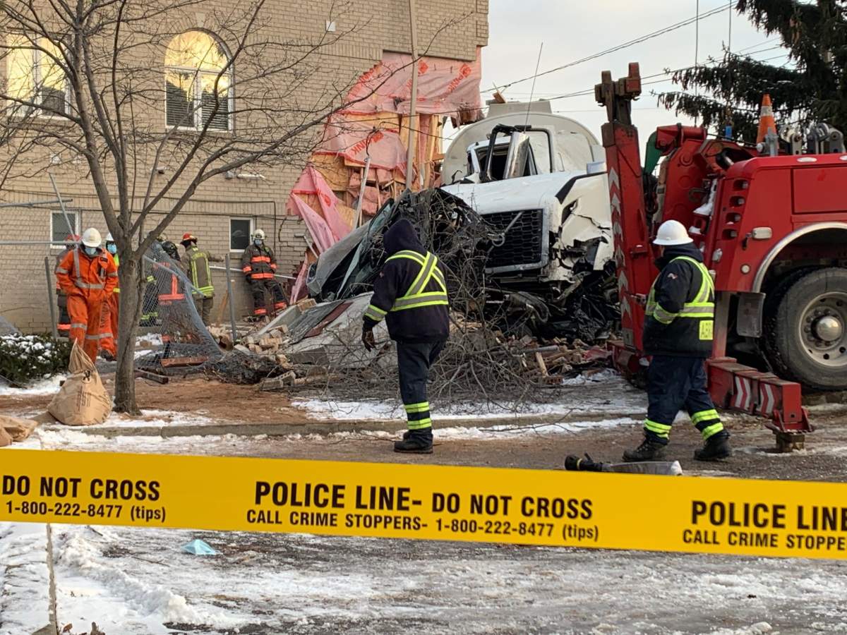 A photo of the tractor trailer tanker crash into a home in Toronto’s east end.