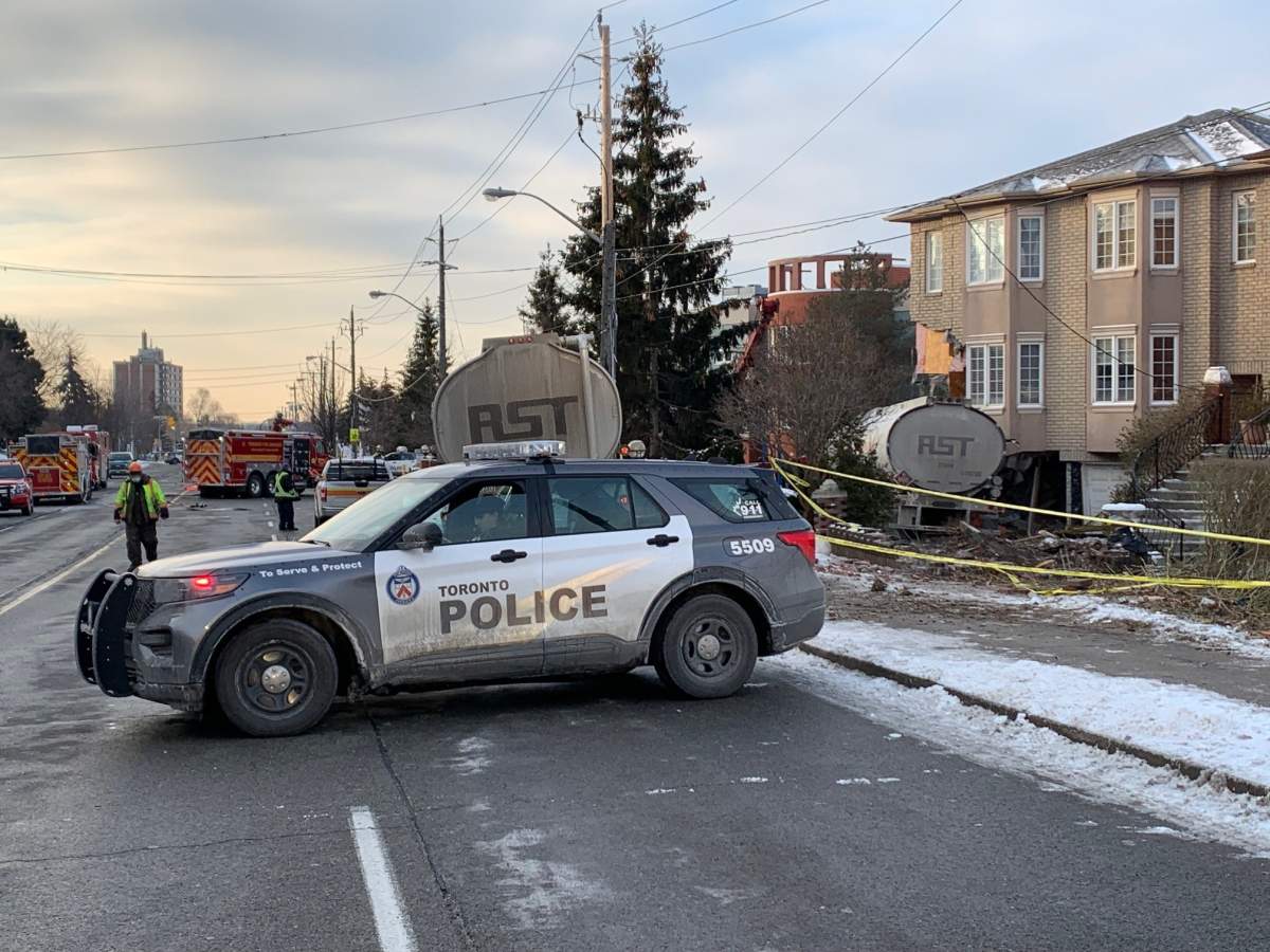 A photo of the tractor trailer tanker crash into a home in Toronto’s east end.