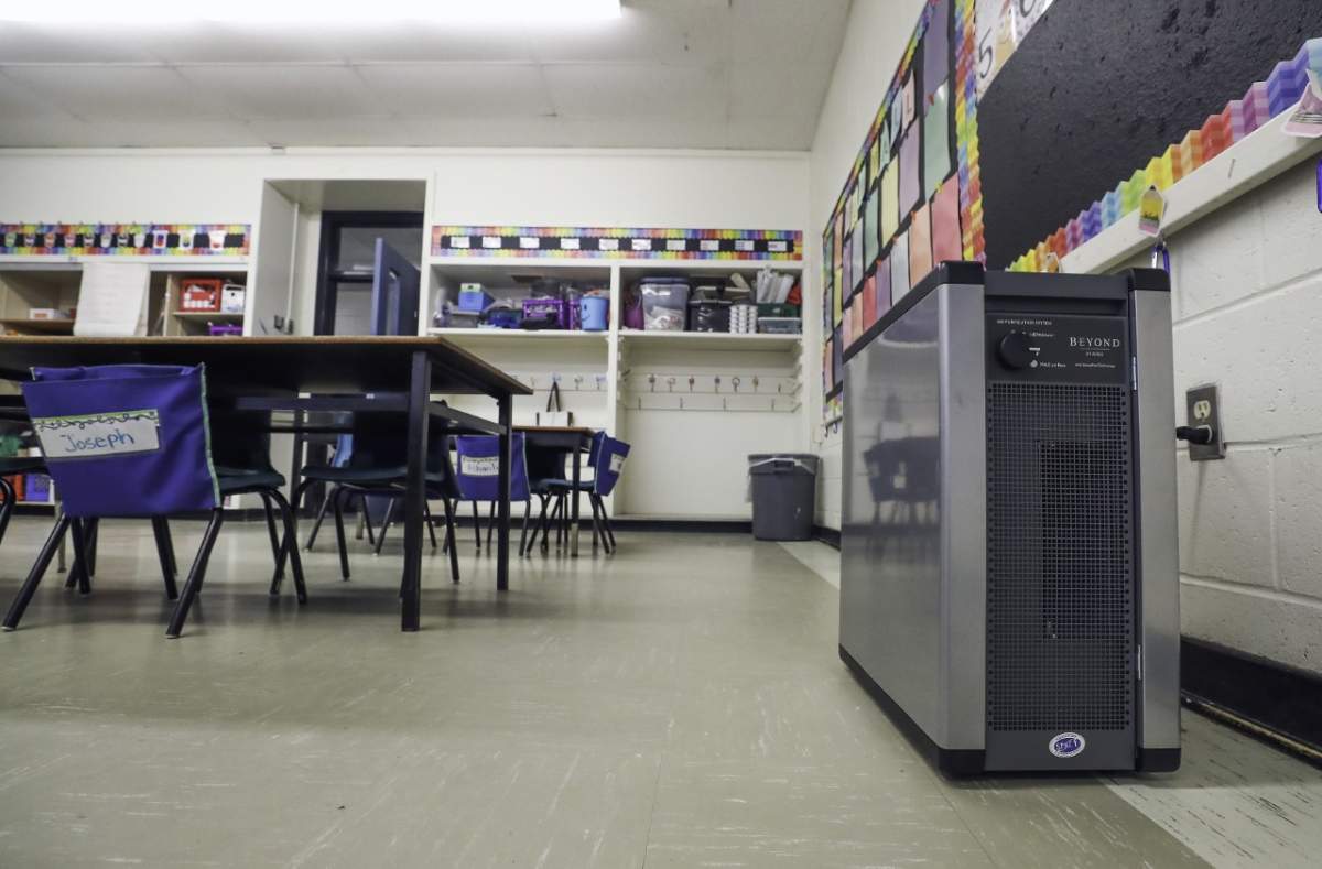 A HEPA filtration system in a classroom at John MacNeil Elementary in Dartmouth is shown in a photo provided by Communications Nova Scotia.