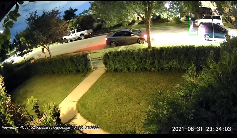 CCTV footage from Aug. 31, 2021, appearing to show a turquoise Chevrolet Spark being abandoned in Calgary's Renfrew neighbourhood. Calgary police believe the vehicle was used in a shooting days before.