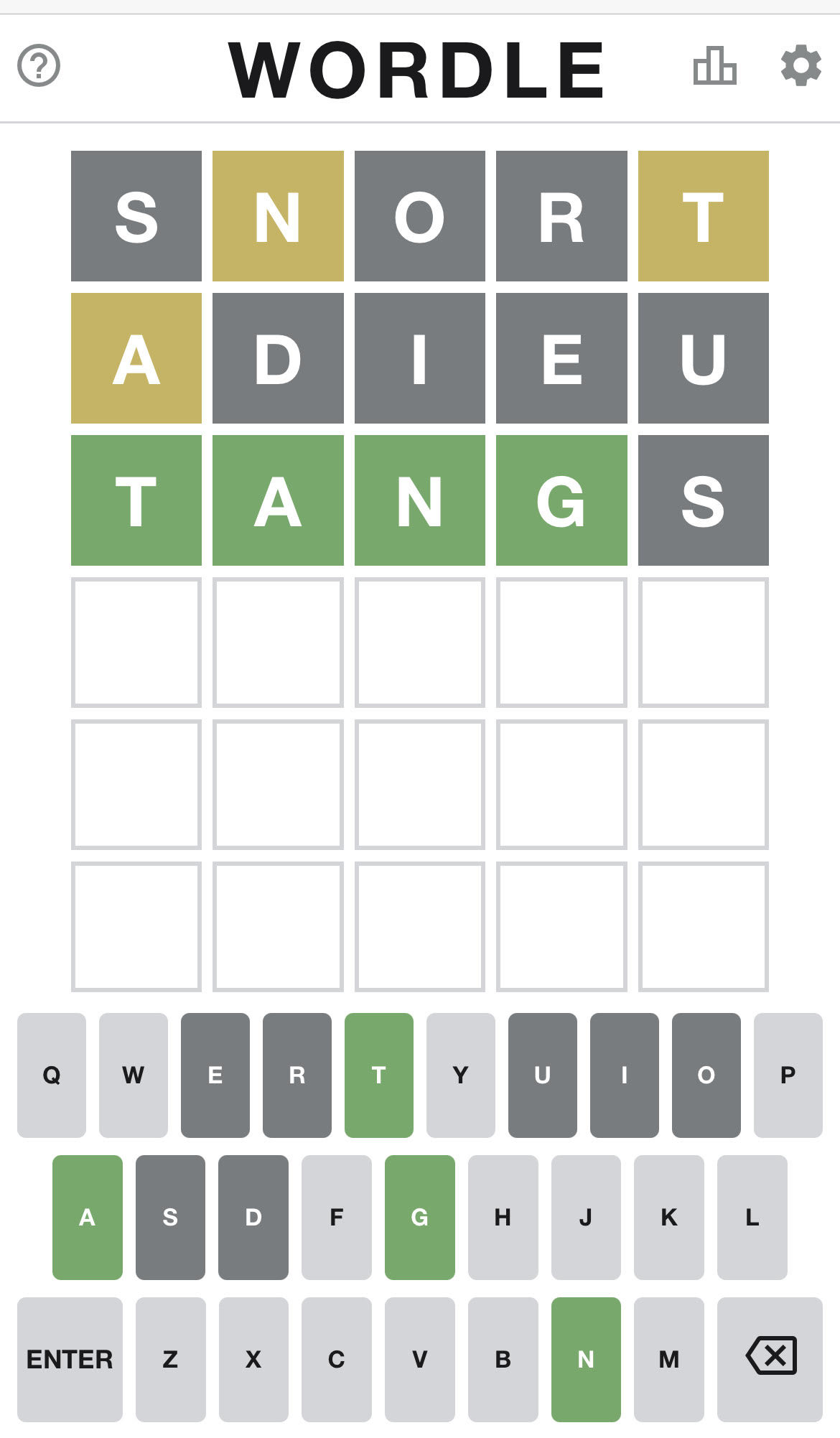 A screenshot of Wordle.