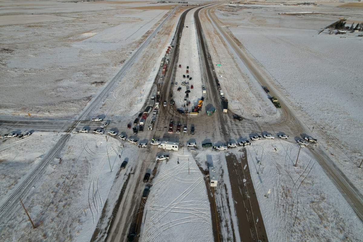 A check point at Milk River in southern Alberta on Thursday, Feb. 3, 2022, about 20 kilometres north of the Coutts border blockade.