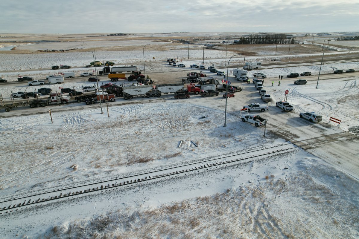 A check point at Milk River in southern Alberta on Thursday, Feb. 3, 2022, about 20 kilometres north of the Coutts border blockade.