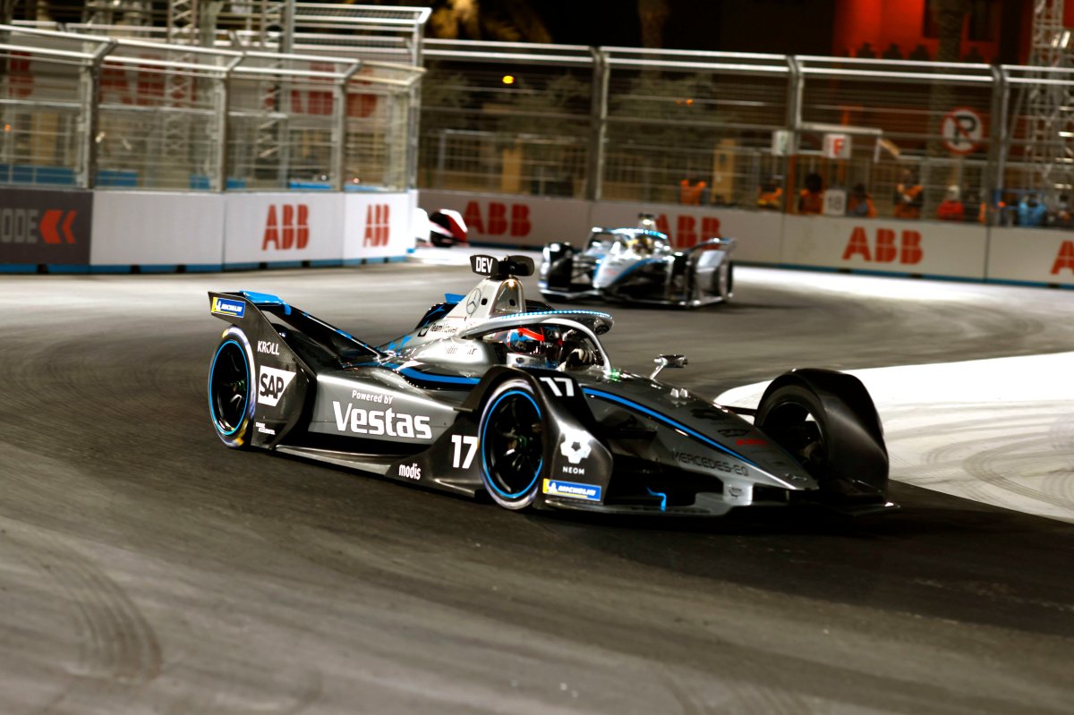 Formula e vehicles compete at the Diriyah ePrix I at Riyadh Street Circuit on Friday January 28, 2022 in Riyadh, Saudi Arabia. 