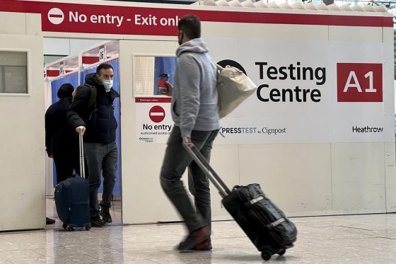 Passengers get a COVID-19 test at Heathrow Airport