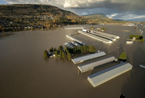 Rising flood waters are seen surrounding barns in Abbotsford, B.C., Tuesday, Nov. 16, 2021. A recovery package is expected to be announced today for British Columbia’s agriculture industry after devastating floods last November. THE CANADIAN PRESS/Jonathan Hayward