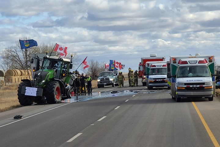 Convoy tractor, pickup trucks collide on Highway 1 near Brooks
