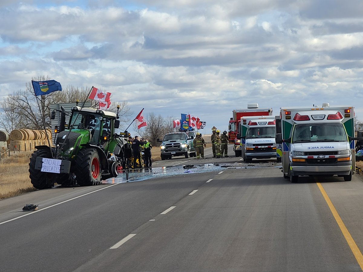 A convoy tractor and two pickup trucks were involved in a collision on the Trans Canada Highway near Brooks, Alta. on Saturday, Feb. 5, 2022.