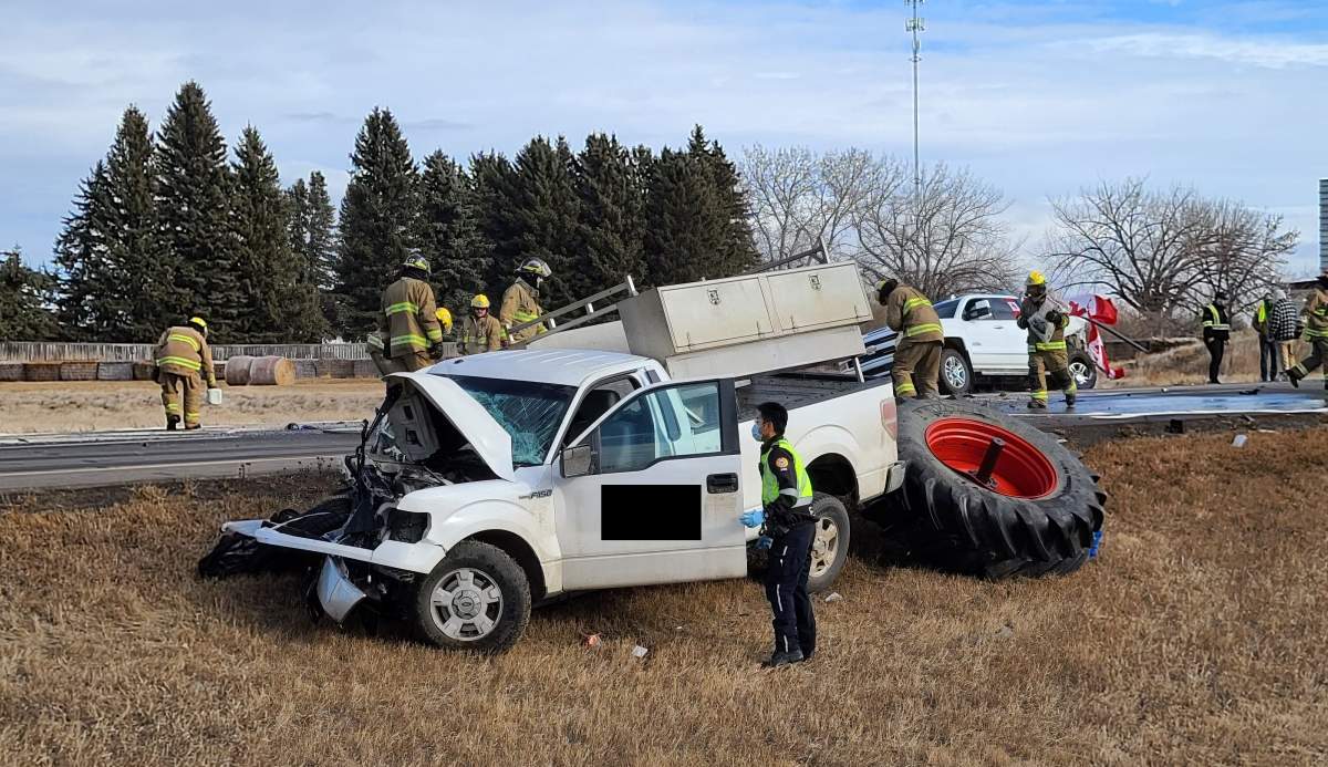 A convoy tractor and two pickup trucks were involved in a collision on the Trans Canada Highway near Brooks, Alta. on Saturday, Feb. 5, 2022.