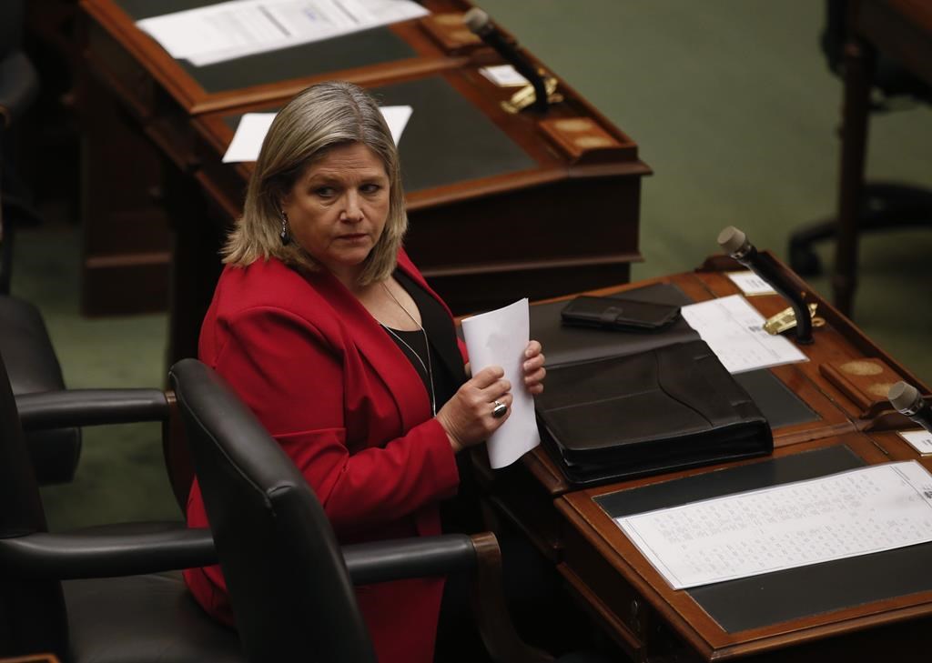 Ontario NDP Leader Andrea Horwath looks on inside the Ontario Legislature at Queen's Park in Toronto, Ont. on Tuesday, May 19, 2020. 