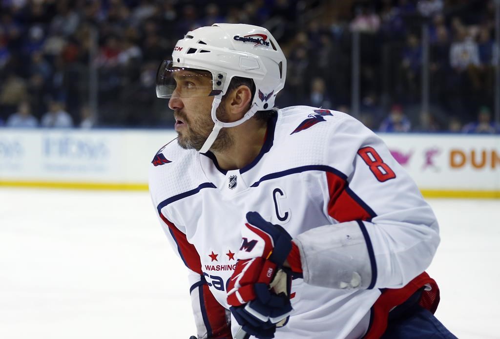 Alex Ovechkin looks up ice during the first period of the team's NHL hockey game against the New York Rangers on Thursday, Feb. 24, 2022, in New York.