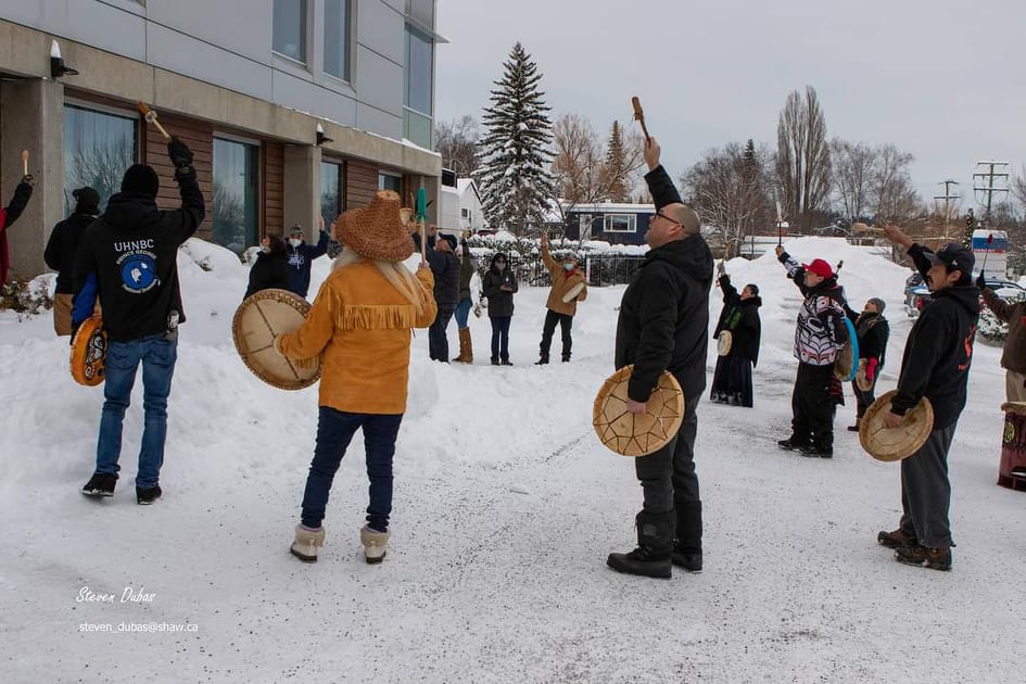 Wesley Mitchell and his group of drummers gather outside Prince George's University Hospital of Northern BC every Monday, to show their support for healthcare workers and COVID-19 patients inside.