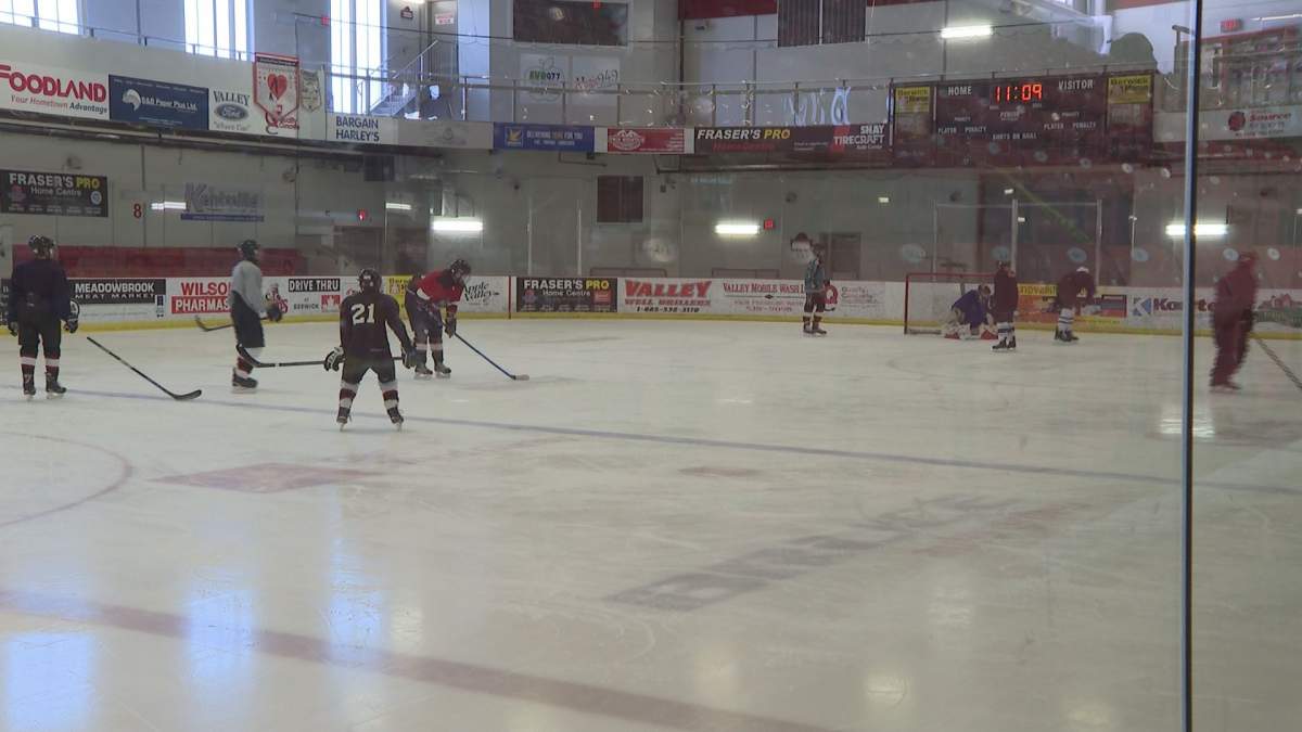 A hockey team practices at The Apple Dome in Berwick, N.S. Sunday. On Monday, practice limits will increase, but games will still not be permitted.