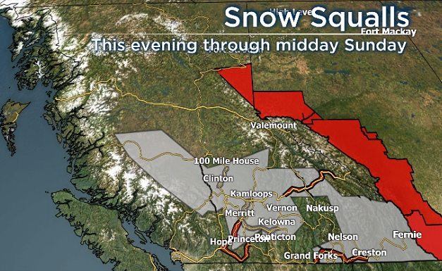 According to Environment Canada, a Pacific frontal system is expected to bring heavy snow into the Southern Interior. The snow is expected to taper off on Sunday.