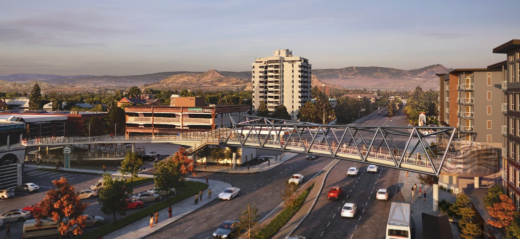 An illustration showing what the Bertram pedestrian overpass along Highway 97 in Kelowna will look like. The overpass will extend between Bertram Street in downtown Kelowna and connect to Rowcliffe Park via the Central Green residential development.