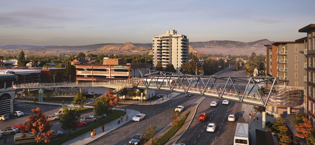An illustration showing what the Bertram pedestrian overpass along Highway 97 in Kelowna will look like. The overpass will extend between Bertram Street in downtown Kelowna and connect to Rowcliffe Park via the Central Green residential development.