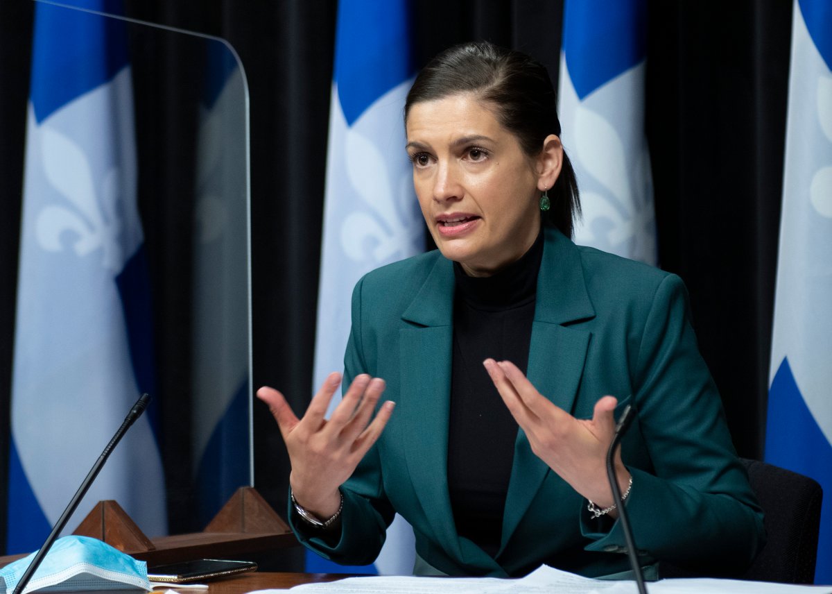 Quebec Deputy premier and Public Security Minister Genevieve Guilbault announces funding to fight domestic violence, Thursday, May 6, 2021 at the legislature in Quebec City. 
