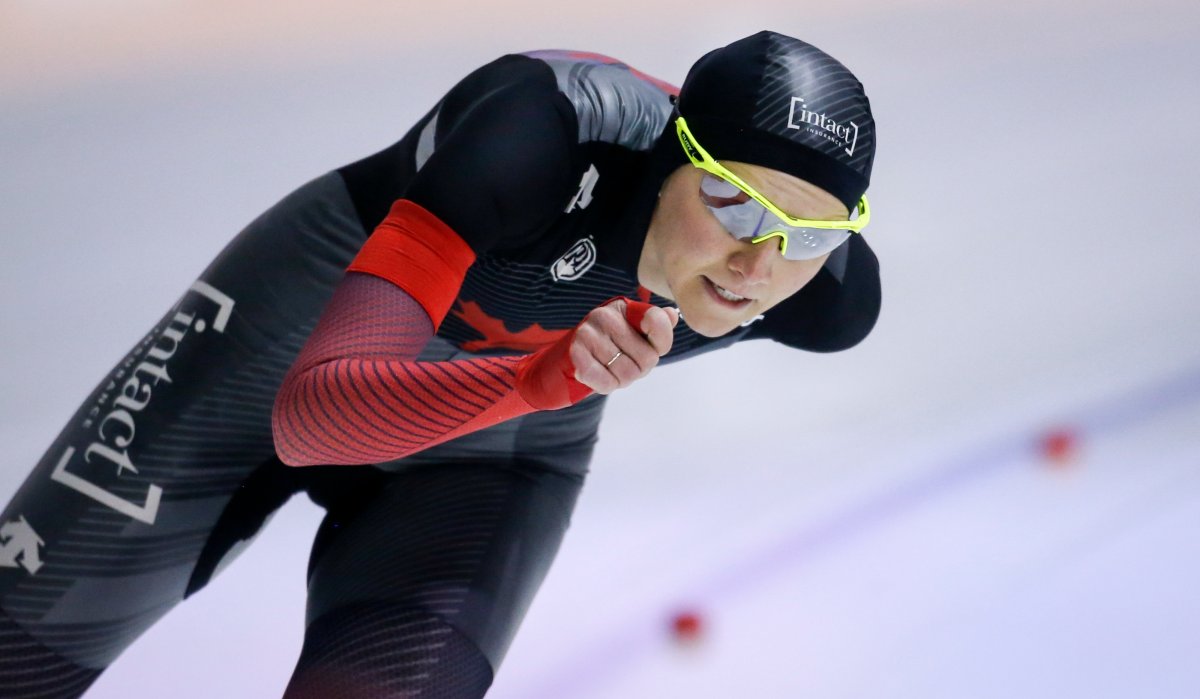 FILE -- Canada's Isabelle Weidemann skates during the women's 3000-metre competition at the ISU World Cup speed skating event in Calgary, Alta., Friday, Dec. 10, 2021. THE CANADIAN PRESS/Jeff McIntosh.