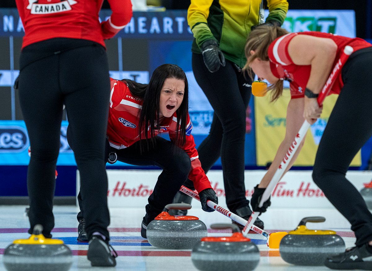 Team Canada skip Kerri Einarson directs her team as they play Northern Ontario in championship action at the Scotties Tournament of Hearts at Fort William Gardens in Thunder Bay, Ont., Sunday, Feb. 6, 2022.